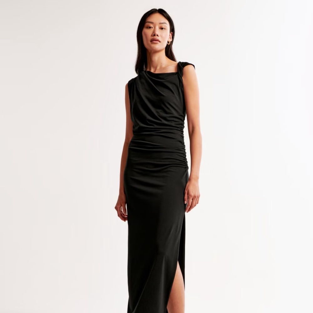 NWT Abercrombie & Fitch Elegant Black Asymmetrical Draped Maxi Dress - Picture 5 of 8